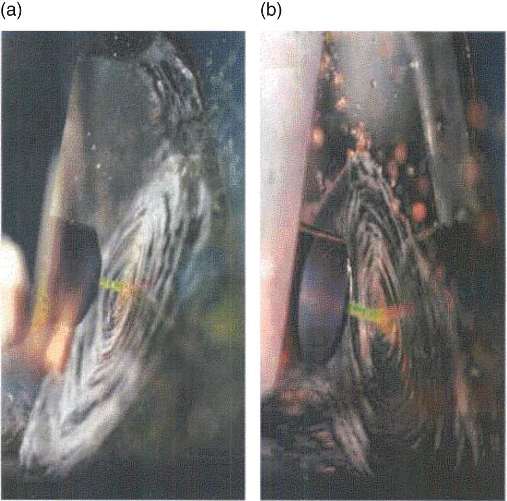 Photograph of impingement planes in a free jet (a) at feed velocities of 5.1 and 5.5 m/sec and (b) at 5.5 and 5.1 m/sec of calcium chloride and sodium oxalate.