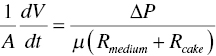 StartFraction 1 Over upper A EndFraction StartFraction d upper V Over d t EndFraction equals StartFraction upper Delta upper P Over mu left-parenthesis upper R Subscript m e d i u m Baseline plus upper R Subscript c a k e Baseline right-parenthesis EndFraction