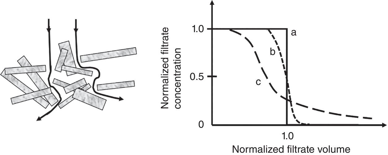 Schematic illustration of filtrate concentration profiles (curves a, b, c) during filtration and washing.