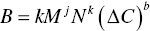 upper B equals k upper M Superscript j Baseline upper N Superscript k Baseline left-parenthesis upper Delta upper C right-parenthesis Superscript b