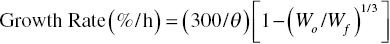 upper G r o w t h upper R a t e left-parenthesis percent-sign normal slash normal normal h right-parenthesis equals left-parenthesis 300 slash theta right-parenthesis left-bracket 1 minus left-parenthesis upper W Subscript o Baseline slash upper W Subscript f Baseline right-parenthesis Superscript 1 slash 3 Baseline right-bracket