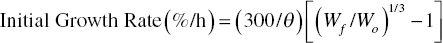 upper I n i t i a l upper G r o w t h upper R a t e left-parenthesis percent-sign slash h right-parenthesis equals left-parenthesis 300 slash theta right-parenthesis left-bracket left-parenthesis upper W Subscript f Baseline slash upper W Subscript o Baseline right-parenthesis Superscript 1 slash 3 Baseline minus 1 right-bracket