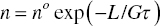 n equals n Superscript o Baseline exp left-parenthesis negative upper L slash upper G tau right-parenthesis