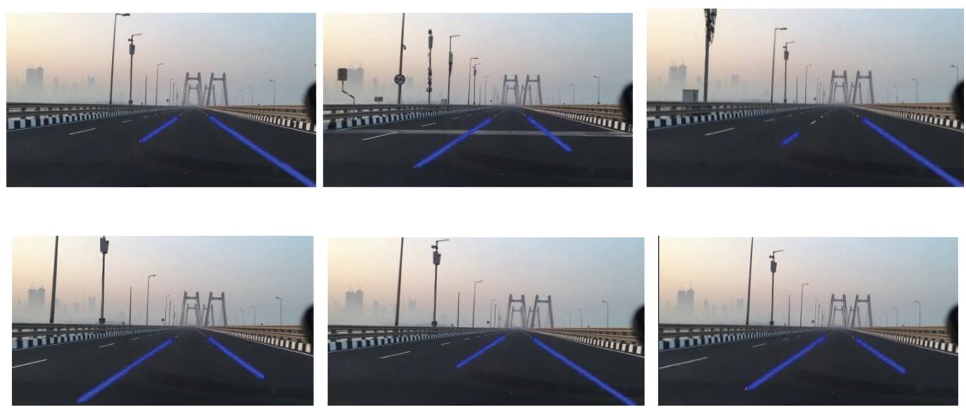 Schematic illustration of lane detection in various frames of the video.