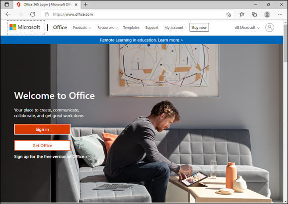 Snapshot of the main office.com landing page.