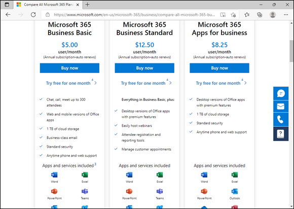 Screenshot of choosing an Microsoft 365 business plan.