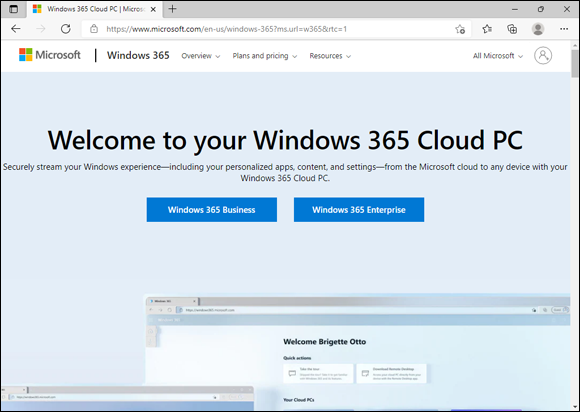 Screenshot of the Windows 365 main landing page.