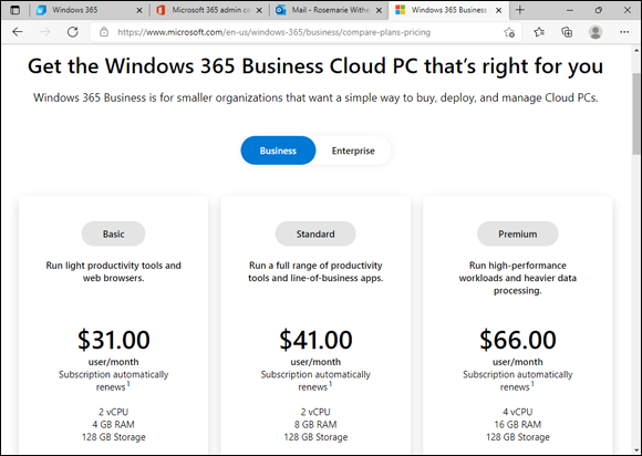 Screenshot of the Windows 365 cloud PC options.
