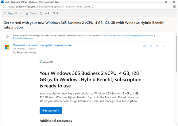 Screenshot of the Windows 365 welcome email.