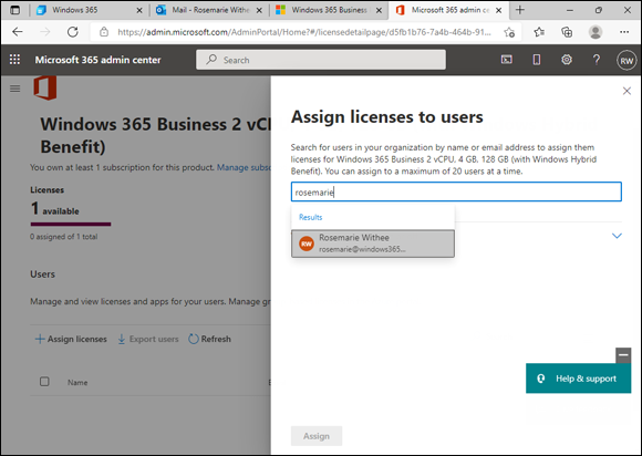 Screenshot of assigning a Windows 365 license in the Microsoft 365 administration center.