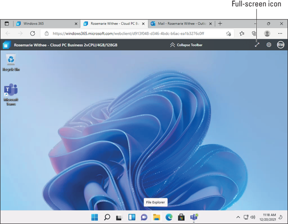 Screenshot of viewing your cloud PC in the web browser of your physical computer.
