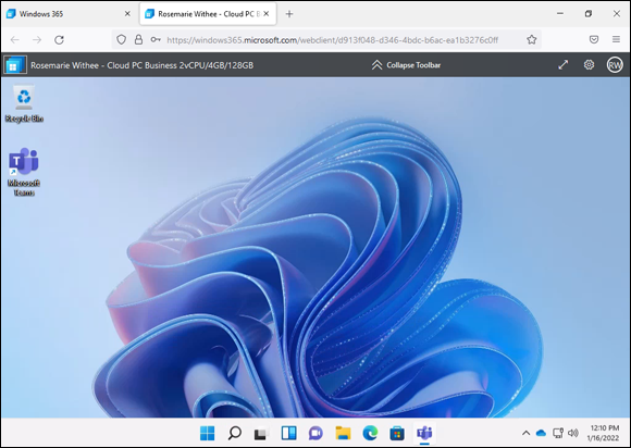 Screenshot of the desktop of your cloud PC running in the Firefox web browser.
