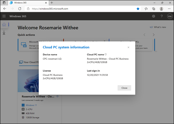 Screenshot of viewing the system information for your cloud PC.