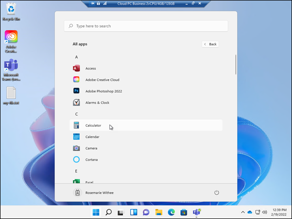 Screenshot of viewing the list of apps installed on your cloud PC.
