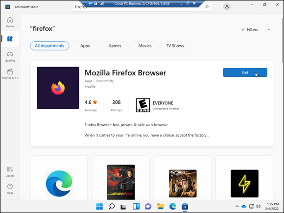 Screenshot of the Firefox app in the Microsoft Store.