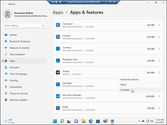 Screenshot of uninstalling an app from the Apps & Features settings page of your cloud PC.
