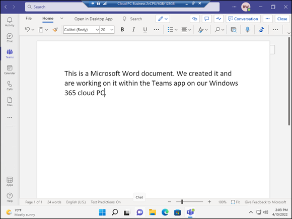 Screenshot of using Microsoft Word from within Teams.