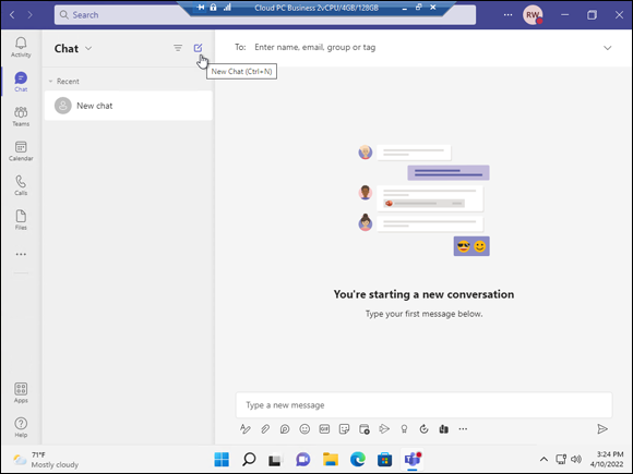 Screenshot of starting a new chat in Teams.