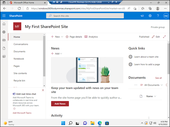 Screenshot of a brand new SharePoint site based on the team site template.