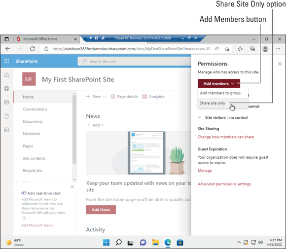 Screenshot of inviting people to a SharePoint site.