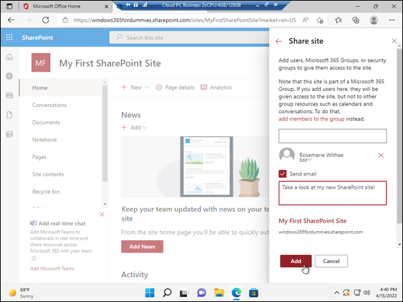 Screenshot of sharing a SharePoint site by sending an email.