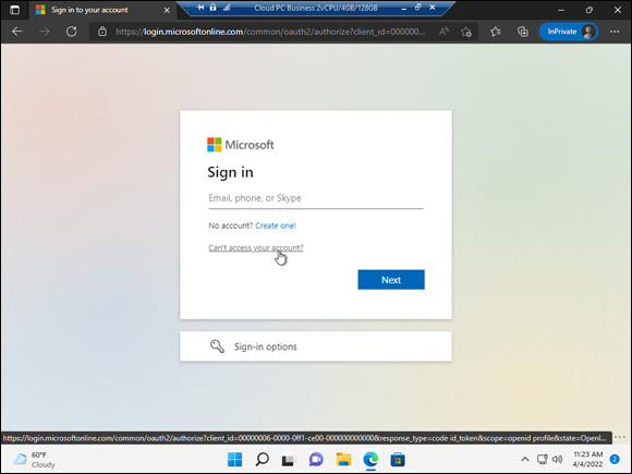 Screenshot of Sign-in page for Microsoft 365 with a link to access account.