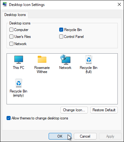 Screenshot of choosing which icons to show on the desktop of a cloud PC.