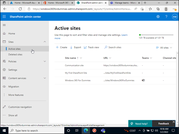 Screenshot of the SharePoint administration center.