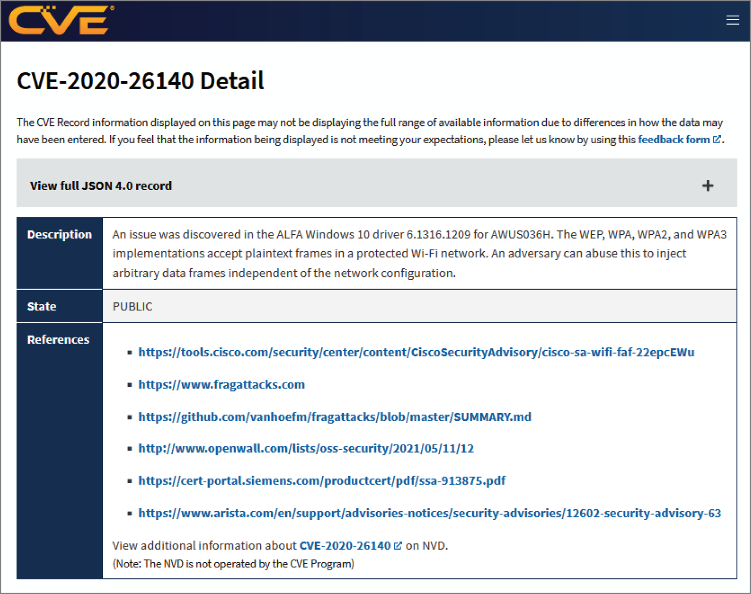 Snapshot shows CVE-2020-26140 was one of many vulnerabilities exploited in FragAttack