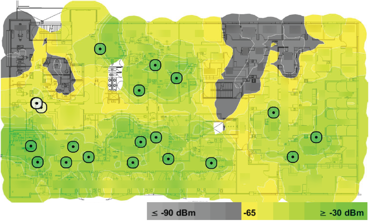 Map shows heatmap output from a live RF survey