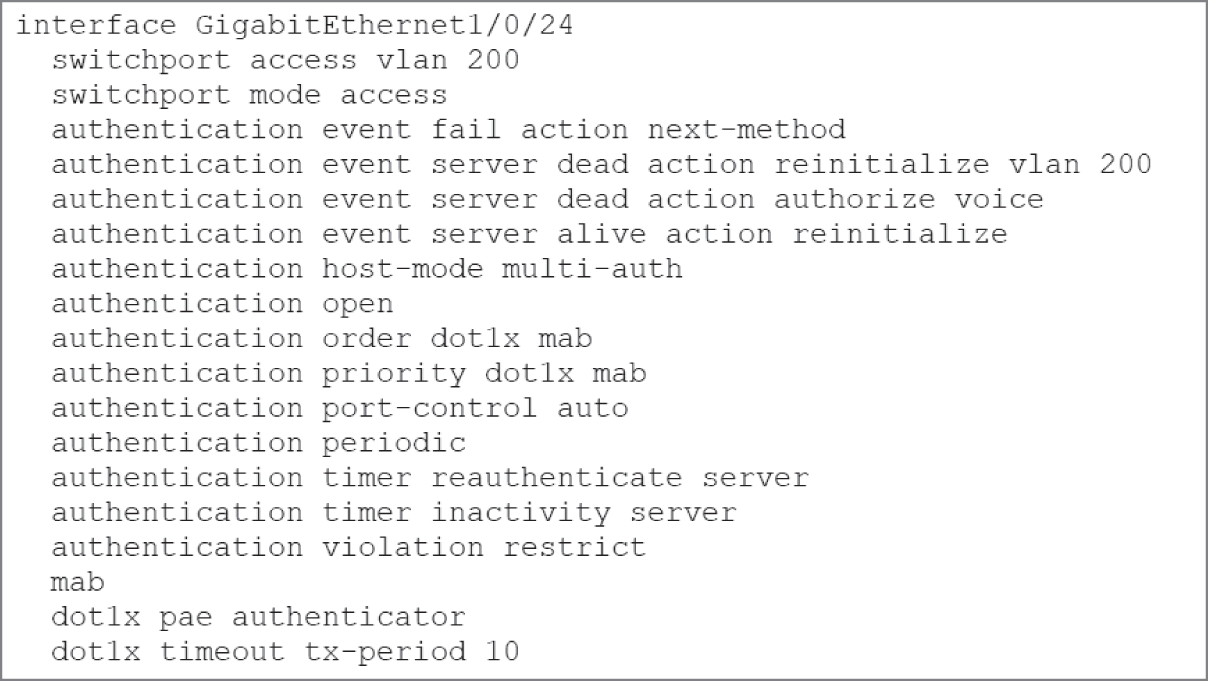 Snapshot shows sample port-level configuration of a switch using 802.1X with MAB fall-through