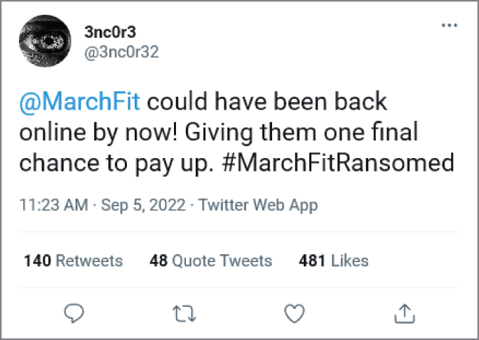 A screen capture shows a tweet from the cybercriminal 3nc0r3 publicly threatening MarchFit and confirming rumors of a cyberattack