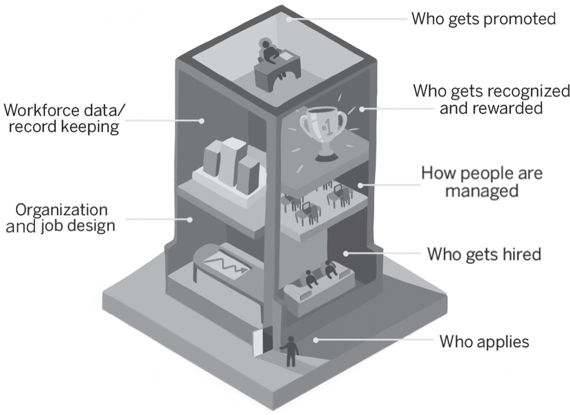 Schematic illustration of decisions and actions that influence diversity and inclusion.