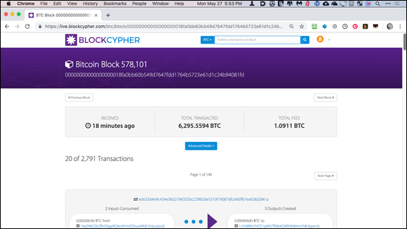 Screenshot of the Chrome window depicting the blockchain explorer tool that enables to create encrypted blockchains that obscure the transaction data.