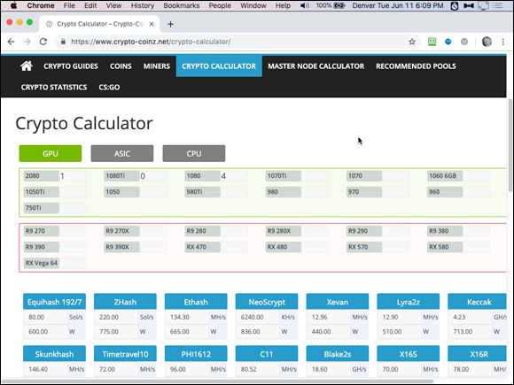 Screenshot of the Chrome window displaying the Crypto Calculator that actually provides hashing power information for some GPU, CPU, and ASIC processors.