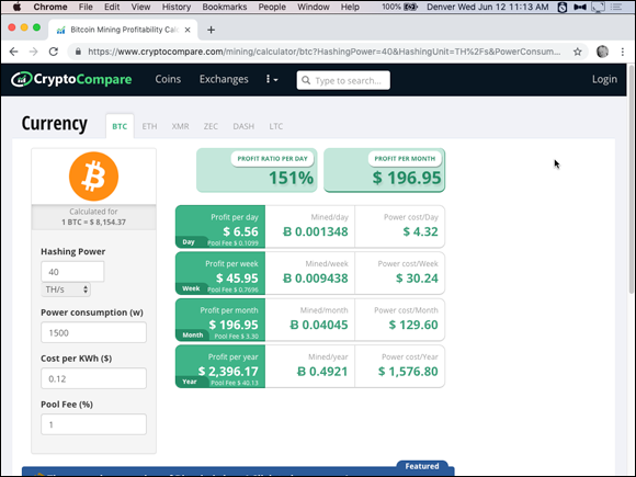 Screenshot of the Chrome window displaying the bitcoin calculator at CryptoCompare.com, depicting potential revenue and profit from mining bitcoin.