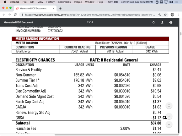 Screenshot of the Chrome window displaying the electricity cost billed for kilowatt hours, taken from an utility bill.