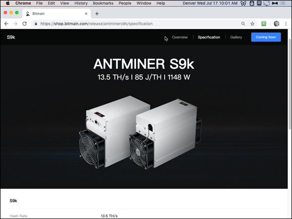 Screenshot of the Chrome window displaying the photograph of a typical form factor of an ASIC size and shape - the Antminer S9k.