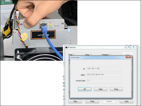 Photograph depicting how to run the IP Reporter software by pressing the IP Report button on the ASIC, on which the ASIC reports its IP number to the software.