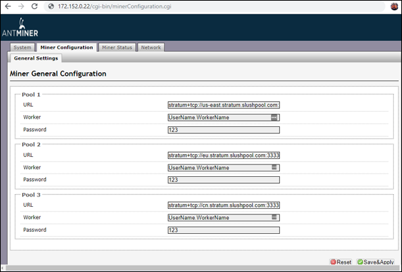 Screenshot of the Bitmain ASIC configuration settings screen where one can set the pool, user name, and server URL for pool mining with their ASIC rigs.