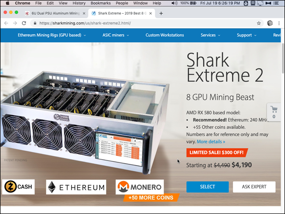 Screenshot of the Chrome window displaying a preconfigured 8-GPU mining rig, the Shark Extreme 2 from Shark Mining.