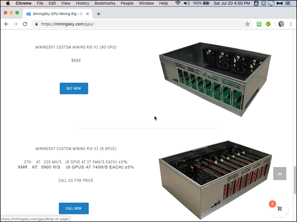 Screenshot of the Chrome window displaying the MiningSky V1 GPU Mining Rig that comes with a ready-to-plug GPU cards.