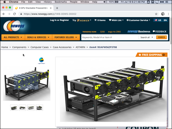 Screenshot of the Chrome window displaying a Becovo Open Air GPU mining frame, depicted after all the equipment has been mounted, which comes empty.