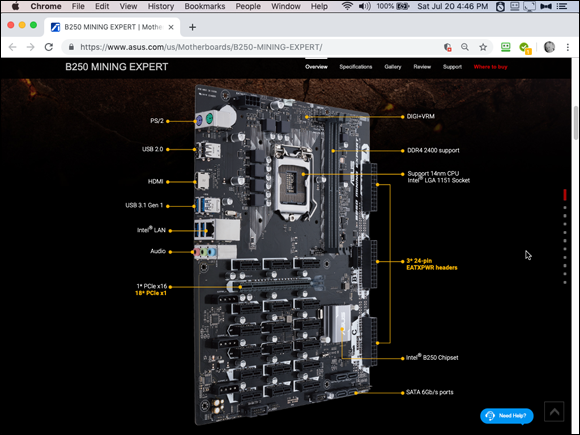 Screenshot of the Chrome window displaying the ASUS B250 Mining Expert motherboard, which can handle up to 19 GPUs.