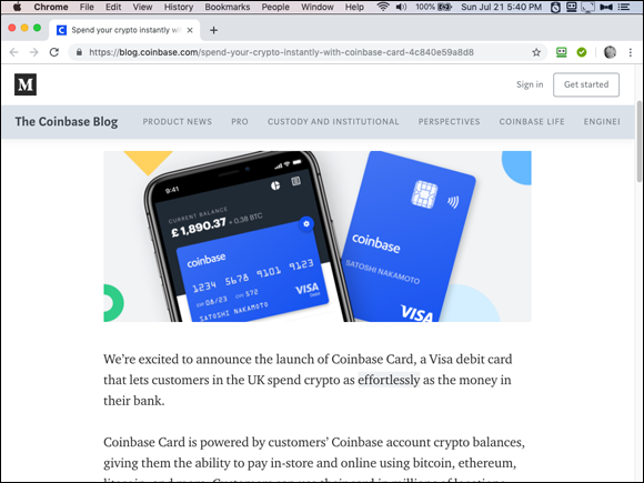 Screenshot of the Chrome window displaying a Coinbase blog, a large exchange, lets one spend their cryptocurrency using a credit card.