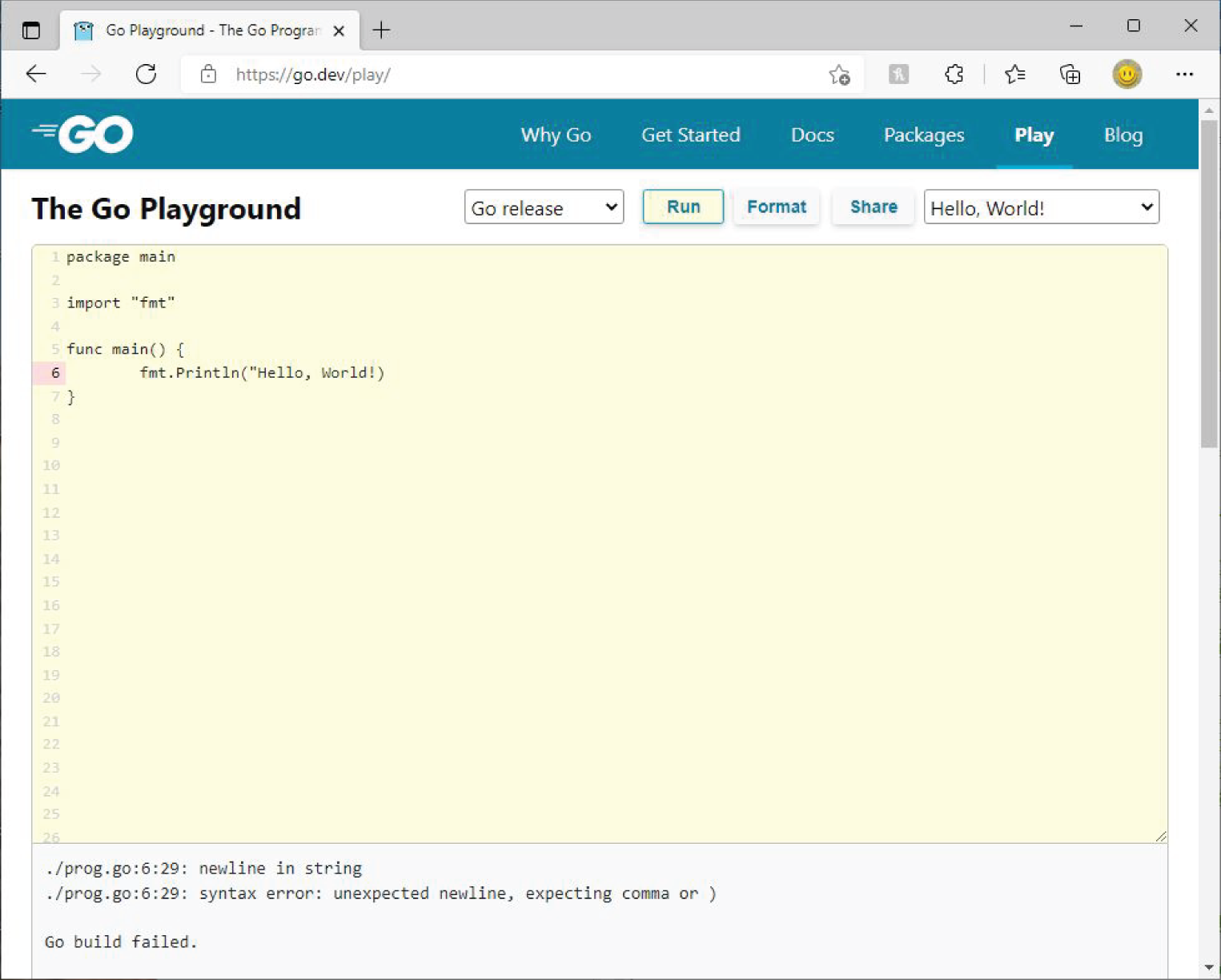 Snapshot of Hello World in the Go Playground