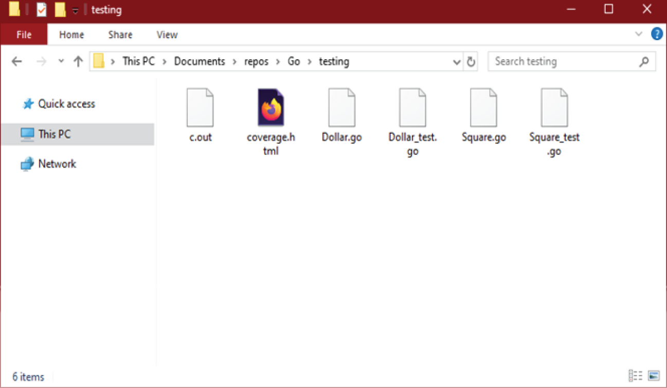 Snapshot of the Windows folder includes the files c.out, coverage.html, Dollar.go, Dollar_test.go, Square.go, and Square_test.go