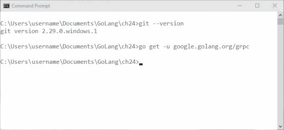 Snapshot of verifying Git and installing gRPC in Go