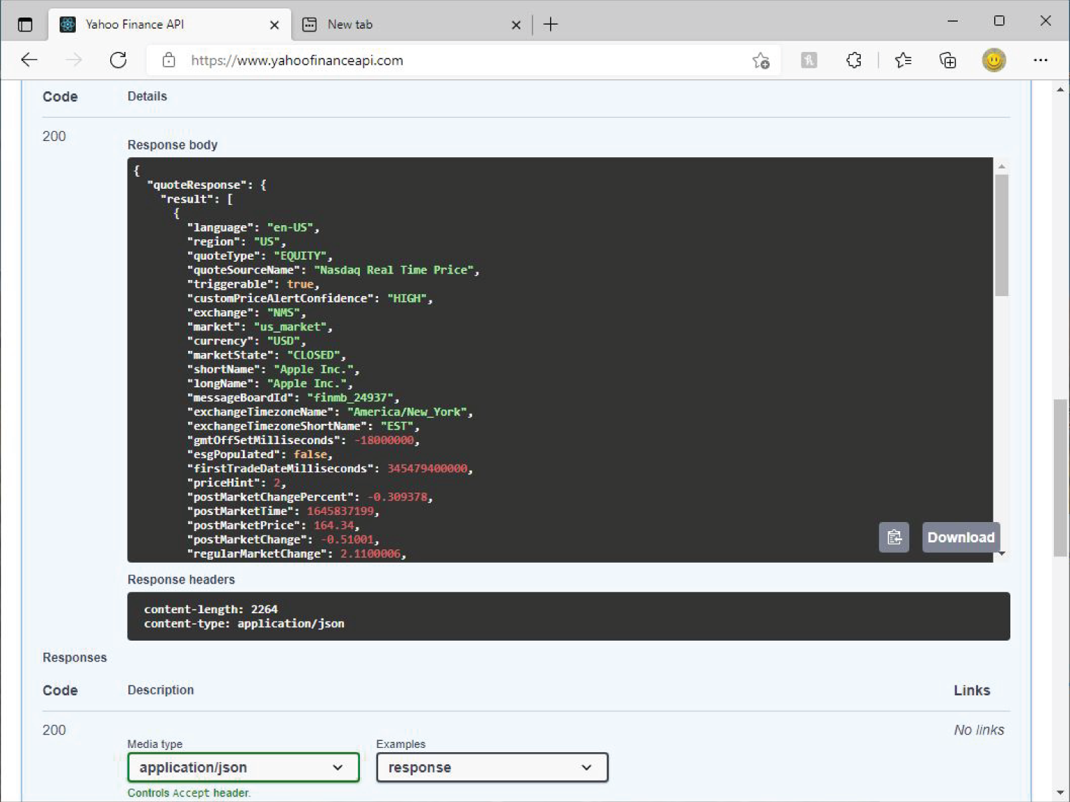 Snapshot of the browser JSON response from the RPC call to the quote API