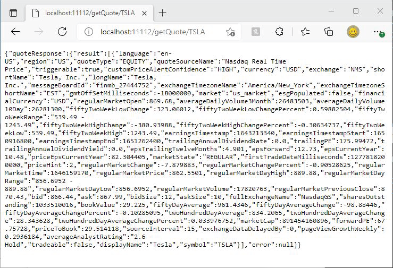 Snapshot of getting a TSLA quote with getQuote